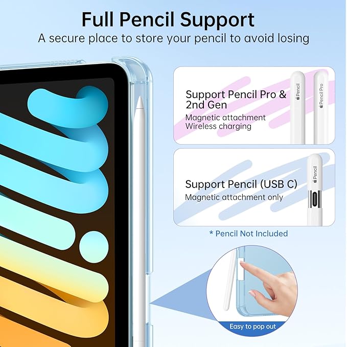 MoKo for iPad mini 7 A17 Pro Case 2024, iPad mini 6th Generation Case 8.3 Inch 2021 with Pencil Holder, Slim Light Trifold Smart Protective Cover with Hard PC Translucent Back Shell, Sky Blue