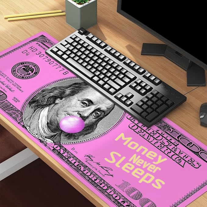 Pink 100 Dollar Bills Money Gaming Mouse Pad Hundreds of US Dollar Currency Non-Slip Rubber Mouse Pad for Computers, Laptop,Office, Home Rectangle Personalized Mousepad 31.5" x15.7"