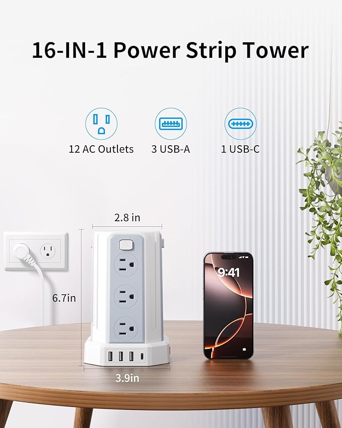 Power Strip Surge Protector, 6.5 Ft Extension Cord with 12 AC Multiple Outlets 4 USB (1 USB C), SMALLRT Power Tower Desktop Charging Station