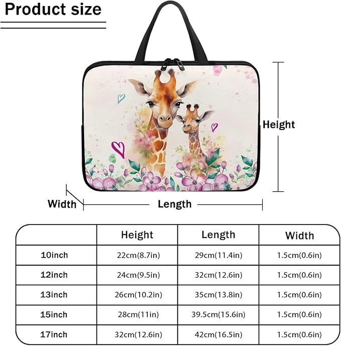 13 Inch Giraffe Flowers Laptop Sleeve, Laptop Cover Computer Bag Tablet Carrying Case with Handle, Zipper Tote Bags Notebook Sleeves Handbag Messenger Briefcase for Men Women
