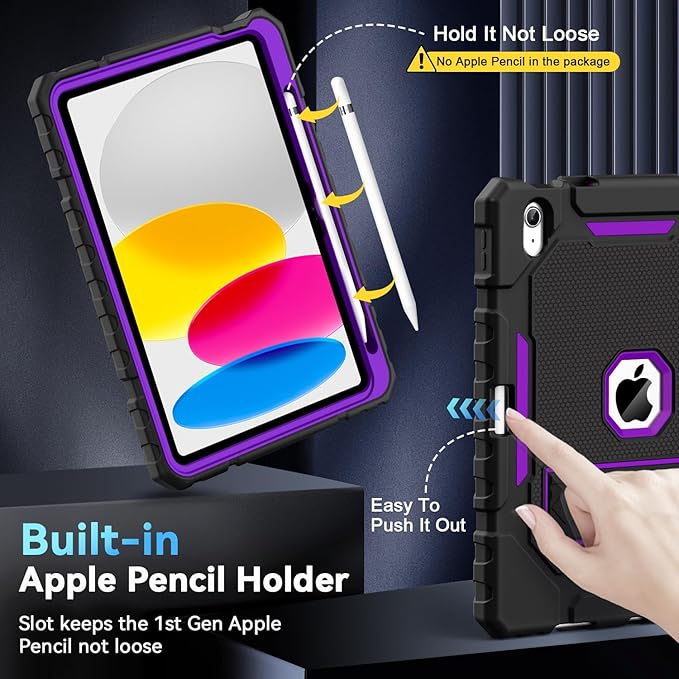 Grifobes for iPad A16 Case 11th Generation 11 inch 2025 / iPad 10th Generation Case 10.9 inch 2022, Heavy Duty Military Grade Shockproof Cover with Pencil Holder for i Pad 11/10 (Black+Purple)