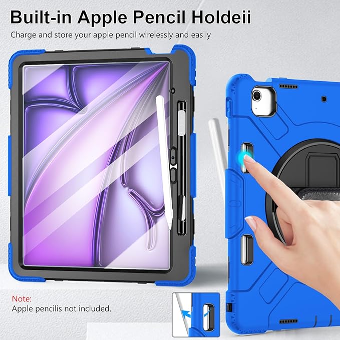 Case for iPad Air 13 Inch M4/M3/M2 (2026/2025/2024): Silicone Shockproof Case with Screen Protector - Stand - Handle - Shoulder Strap - Pen Holder- Blue
