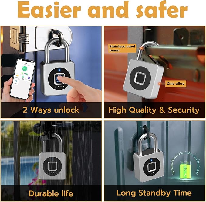 Pothunder Fingerprint Padlock with APP, Keyless Biometric Lock, Smart Waterproof Padlock Suitable for Gym, Locker, Gates, Fence and Storage