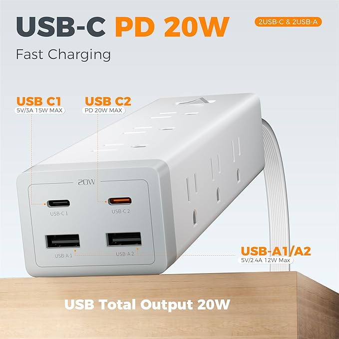 TESSAN Surge Protector Power Strip PD 20W, Ultra Thin Flat Plug 10 FT Extension Cord, 9 Outlets 4 USB(2 USB C), 1050J Protection Multiple Outlets Charging Station for Home, Office, College Dorm Room
