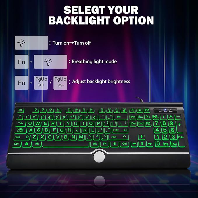 Backlit Large Print Keyboard, Wired Light Up Keyboards with 7-Color Backlit, Wrist Rest, Oversize Letters Keys Easy to See and Type, Corded Full-Size Keyboard for Windows Desktop, Laptop, PC, Gaming