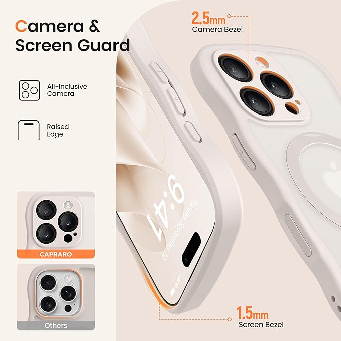 CAPRARO for iPhone 16 Pro Case with 360° Spin Magnetic Stand for Women, [Compatible with MagSafe] [Full Camera Protection] Cute Wave Translucent Matte Case for iPhone 16 Pro, Stone