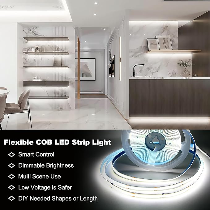 DAYBETTER COB LED Strip Light,LED Lights for Bedroom 16.4ft,Daylight White 6500K Dotless LED Light Strip,1600 LEDs Super Bright Dimmable 24V Flexible Tape Lights with Remote,Kitchen,Cabinets Lighting