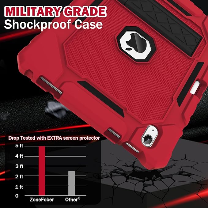 ZoneFoker Case for iPad (A16) 11th/10th Generation 11/10.9 inch 2025/2022, Heavy Duty Military Grade Shockproof Rugged Cover with Pencil Holder/Stand for i Pad 11th / 10 th Gen (Red+Black)