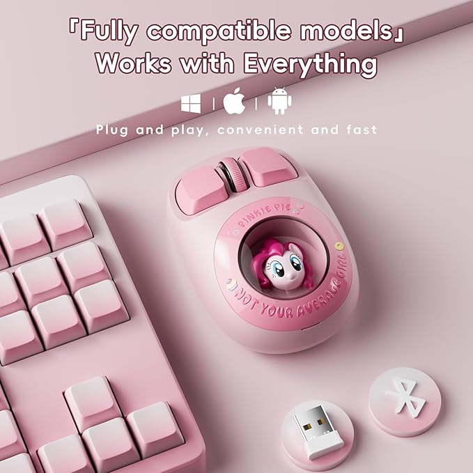 My Little Pony Wireless Mouse - Pinkie Pie Edition, 3D Character Design Silent Click Mouse with 1600 DPI, Dual-Mode (2.4GHz/Bluetooth), Ergonomic for Mac/Windows
