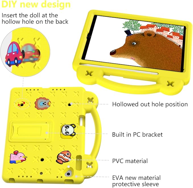 Dteck Kids Case for iPad 9.7 Inch 6th/5th Gen 2018/2017 & iPad Air 2/1 & iPad Pro 9.7 2016,Cartoon Panda Shockproof Rugged Lightweight Pencil Holder Convertible Handles Stand Kids Friendly Case,Yellow