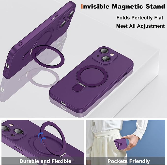Compatible with iPhone 14 Case with Magnetic Ring Stand [Compatible with Mag-Safe] [Full Camera Lens Protector] Soft Plating Phone Case for iPhone 14 6.1", Solid Purple