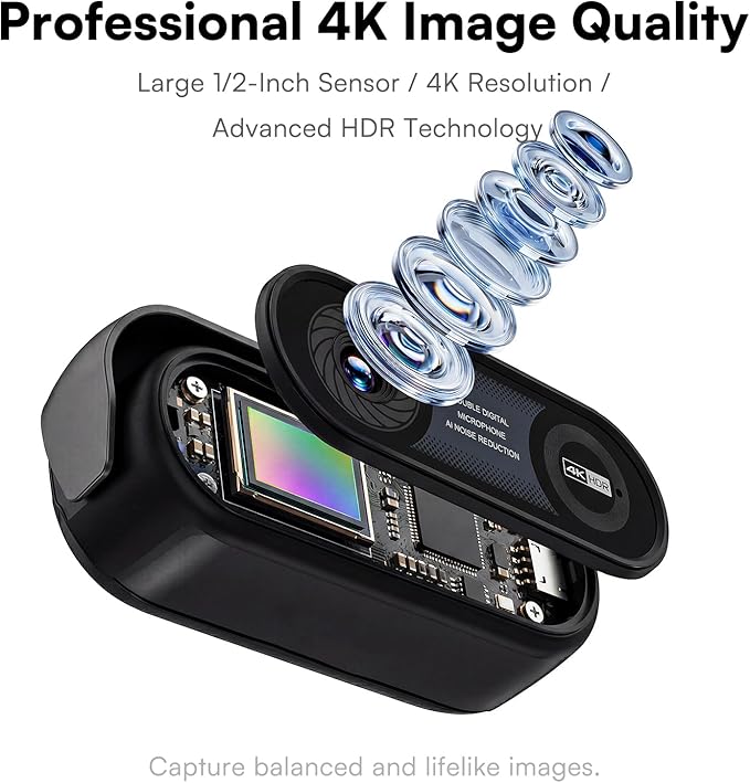 4K Webcam with Ring Light & Microphone, 4K Ultra HD Streaming Camera, Built-in Dual Noise-Canceling Mics, Auto Light Correction, for Zoom/Skype/Teams/YouTube/Twitch, Plug & Play, for PC