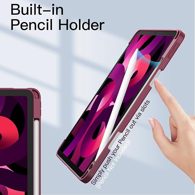 JETech Case ONLY for iPad Air 11-Inch M4/M3/M2 (2026/2025/2024), iPad Air 5/4 (2022/2020 5th/4th) with Pencil Holder, Clear Transparent Back Slim Stand Shockproof Tablet Cover (Wine)