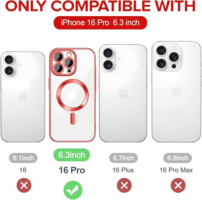 Hython Magnetic Clear for iPhone 16 Pro Case with Camera Lens Protector [Compatible with MagSafe] Luxury Plating Edge Slim Soft TPU Cover Protective Phone Case for iPhone 16 Pro 6.3", Red