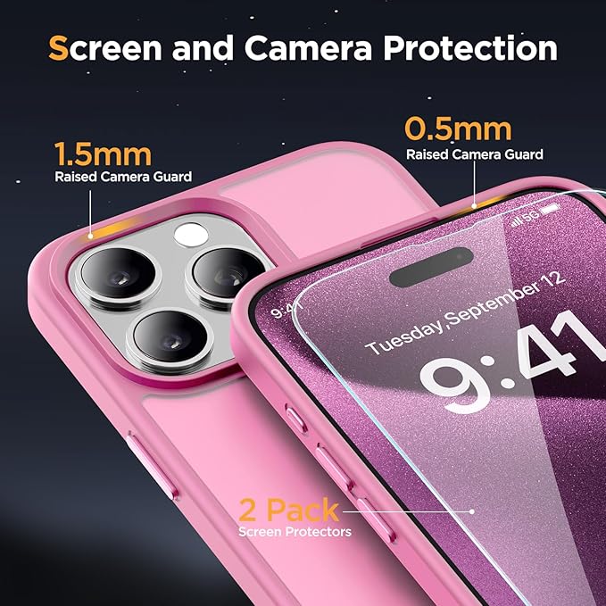 Miracase Magnetic for iPhone 15 Pro Case 6.1 inch (Compatible with MagSafe)（with 2X Screen Protectors）Military-Grade Protection, Anti-Fingerprint Translucent Matte Phone Cover, Mes Pink