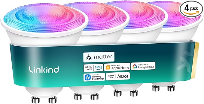 Linkind Matter GU10 Smart Light Bulbs, 40W 470LM Color Changing Light Bulbs, Compatible with Alexa/Google Home/Apple Home, Warm&Daylight White(1800K-6500K), Music Sync & Dynamic Light Shows, 4Pack