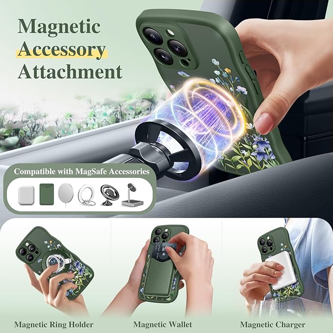 GVIEWIN for iPhone 16 Pro Max Case Compatible with MagSafe [Curly Wave Edge][Full Camera Protection] Floral Translucent Shockproof Magnetic Women Phone Case for 16 Pro Max, Sweet Posy/Forest Green