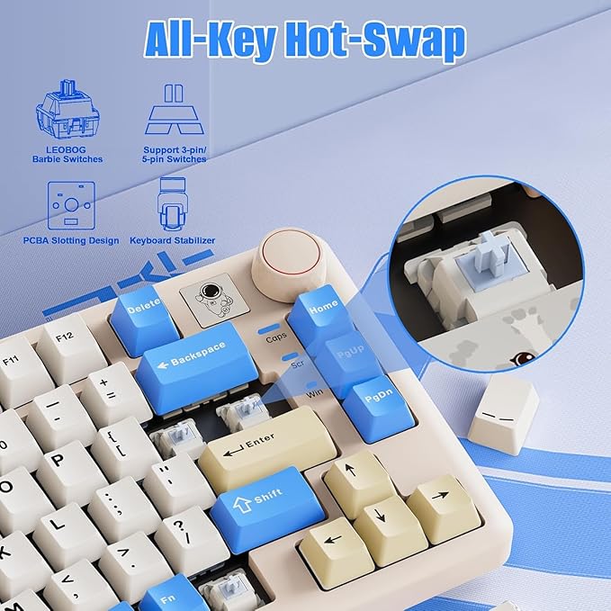 LEOBOG A75 Wireless Mechanical Keyboard, 75% Split Alice Layout, Hot-Swappable RGB Backlit with Knob & Cat Keycaps, 2.4G/USB-C/BT5.0 Cute Creamy Gaming Keyboard - Barbie Switch, Pink