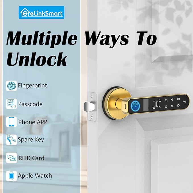Fingerprint Keyless Entry Bedroom Door Lock with Code RFID Card NFC APP Keypad, Smart Biometric Automatic Interior Door Handle with Lock for Indoor Hotel Pantry Apartment Office Home, Gold