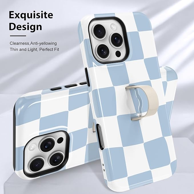 KANGHAR Compatible with iPhone 16 Pro Max Case, Support for MagSafe, Silicone Checkered Cute Pattern, Wristband Kickstand Camera Protection Soft Slim Phone Case for Girls Women -Light Blue