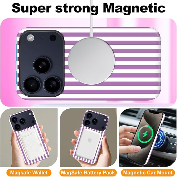 Magnetic for iPhone 17 Pro Case Cute Stripes Phone Case, Shockproof Slim TPU and Hard PC Protective Phone Cover Compatible with MagSafe Designed for Women Girls, Purple