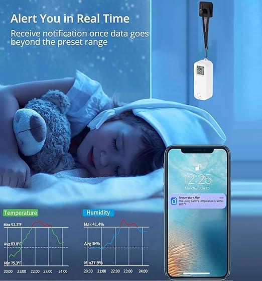 WiFi Smart Thermometer Hygrometer: Wireless Temperature Humidity Sensor with Notification Alert, Data Storage & Export, Calibrable Digital Temperature Monitor, Compatible with Alexa (1-PCS)