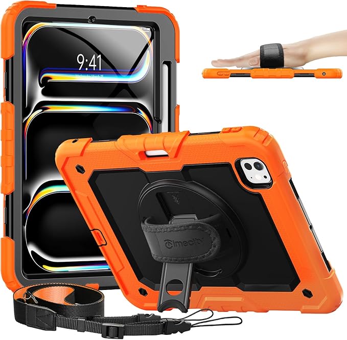 timecity Case for iPad Pro 11 Inch M5 2025 / M4 2024, 360° Rotating Stand, Pencil Holder & Wireless Charging, Shockproof with Screen Protector & Shoulder Strap - for Designers & Professionals, Orange