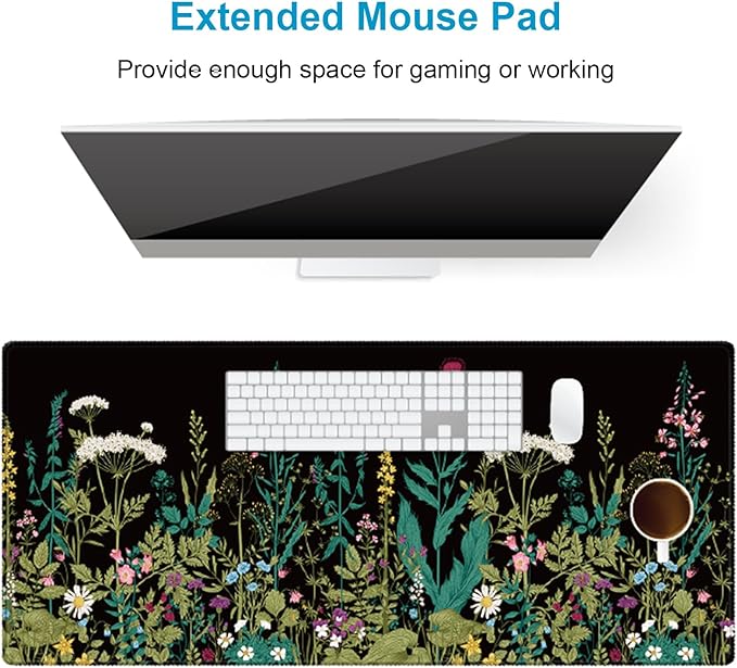 XXL Waterproof Office Desk Pad Protector 35.4x15.7 Inch - Extended Gaming Mouse Pad with Non-Slip Rubber Base, Thickened Keyboard Mat, Stitched Edges & Weeds Design