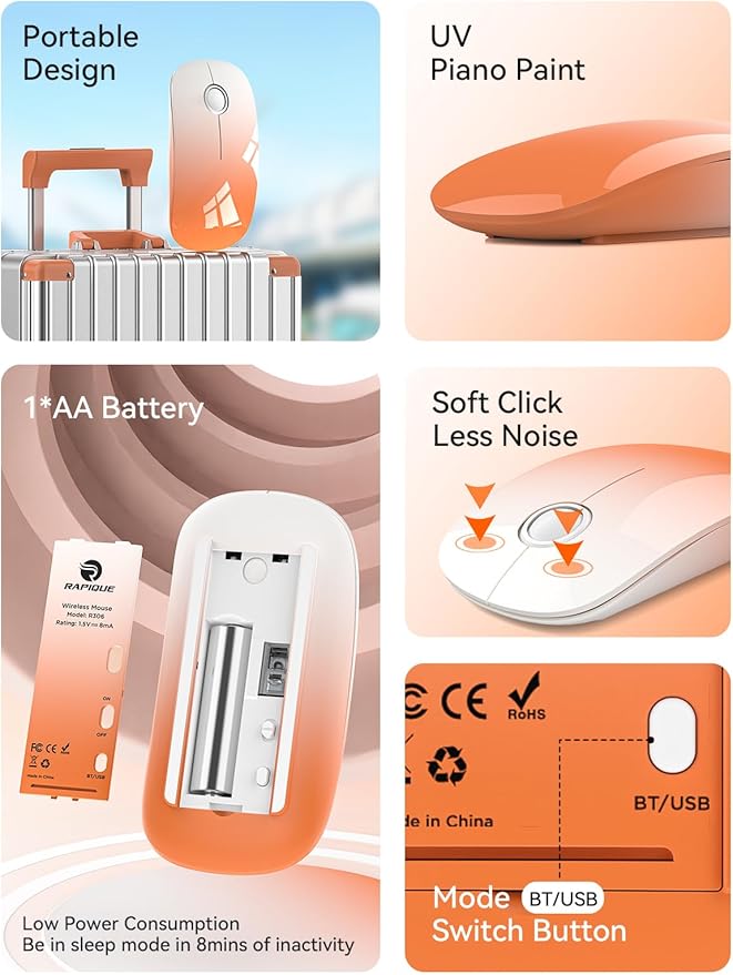 RAPIQUE Bluetooth Wireless Mouse - Dual Connectivity(BT5.1+USB), Ultra Quiet Click & 480-Hour Battery Life,1600 DPI, Portable Cordless Mouse for Mac, MacBook Pro/Air, iPad Pro/Air (Sunrise Orange)