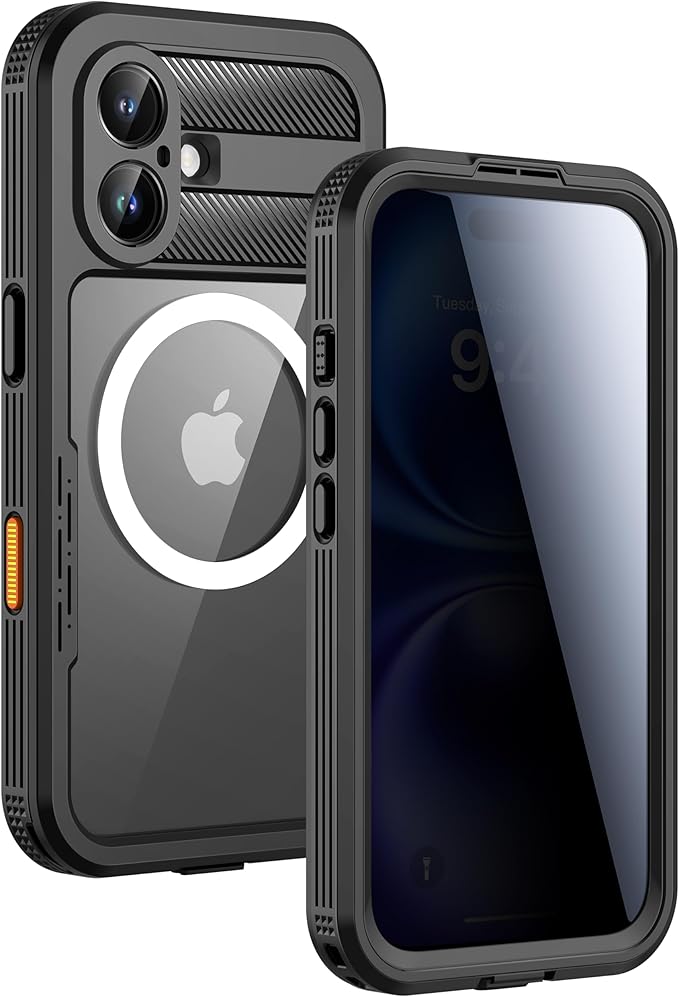 Lanhiem Magnetic for iPhone 16 Waterproof Case, Built-in Privacy Screen Protector, Compatible with MagSafe, Anti-Spy Full Body Phone Case for iPhone 16 6.1", Black