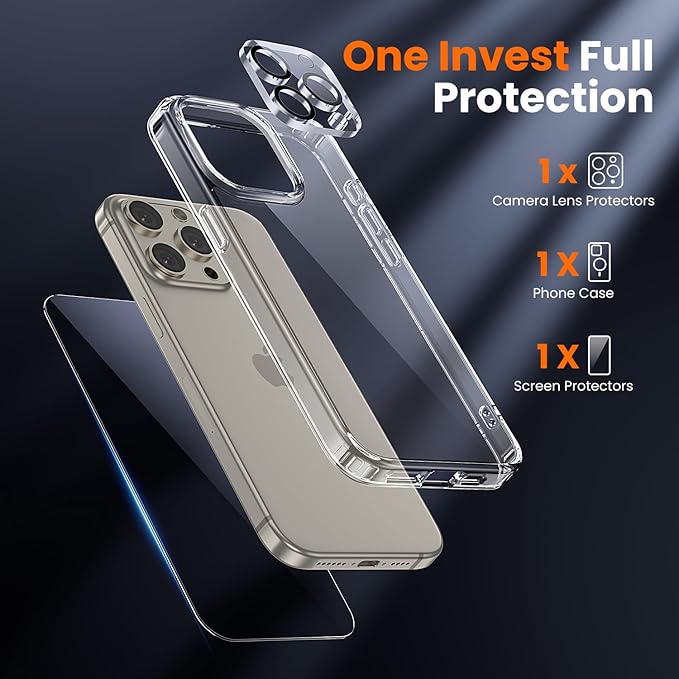 toushion 3 in 1 for iPhone 15 Pro Case Clear,[Yellowing-Resistant Acrylic Back] Screen Protector *1 & Camera Lens Protector*1, Shockproof for iPhone 15 Pro Phone Case 6.1 inch Clear
