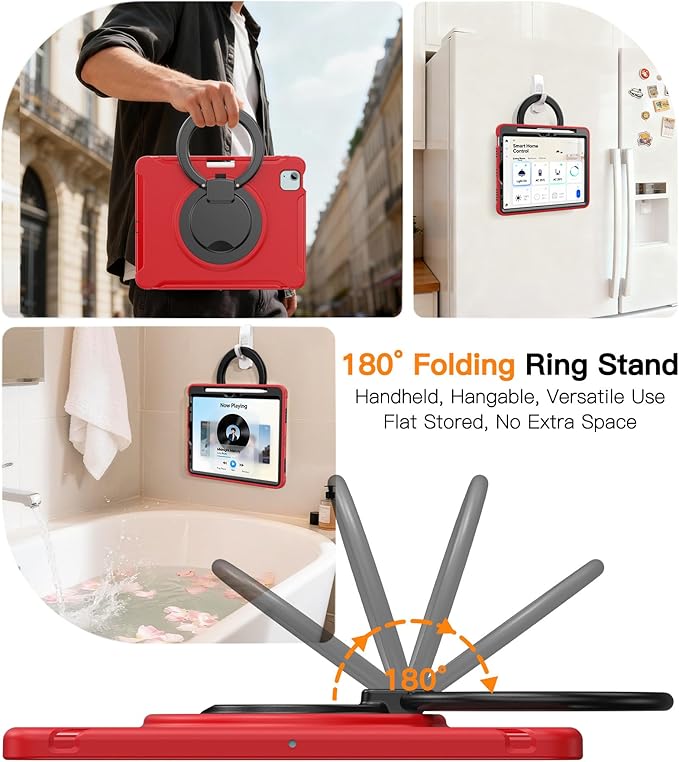 BATYUE Shockproof Case for iPad Air 11" M2/M3/M4, Air 4/5 10.9", iPad Pro 11" 1st-4th Gen 2018-2022 | 360° Multi-Angle Stand (Portrait & Landscape) & Grip, Built-in Pencil Holder, Red