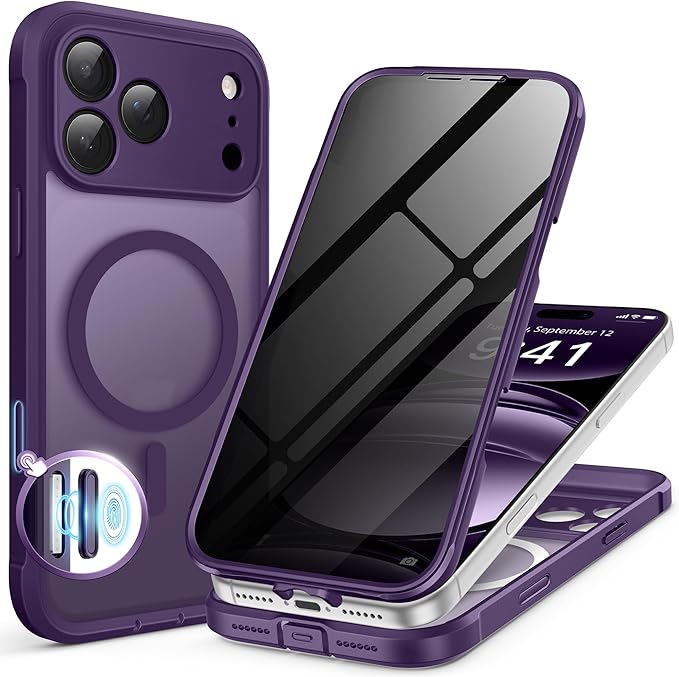 BERFY for iPhone 17 Pro Max Case, Compatible with MagSafe, Built-in Privacy Screen Protector, Camera Protection, Shockproof Full Body Phone Case 6.9", Translucent Deep Purple