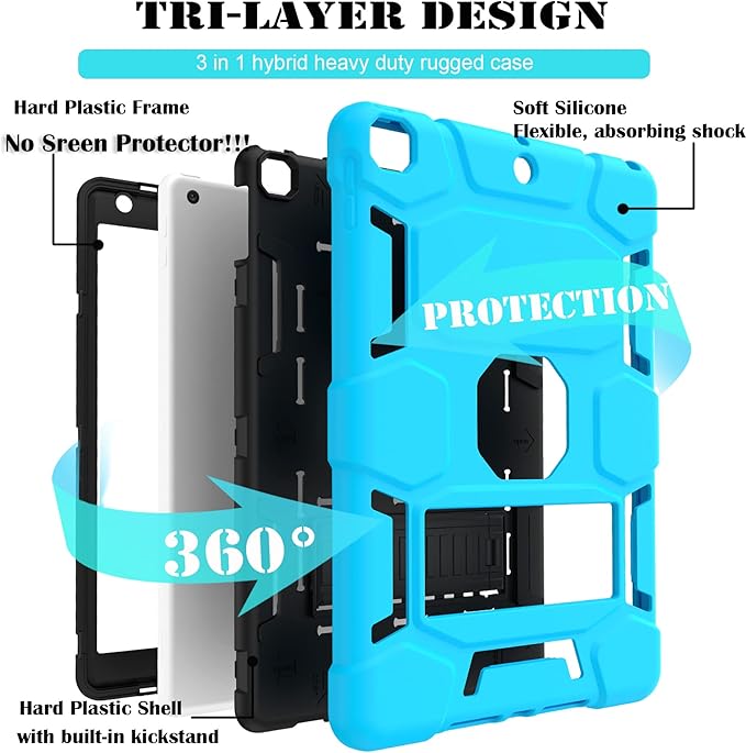 CCMAO Case for iPad 9th Generation, iPad 8th/7th Generation Case (10.2 Inch, 2021/2020/2019) with Kickstand, Heavy Duty Shockproof Hard Hybrid Three Layer Protective Cover, Blue+Black