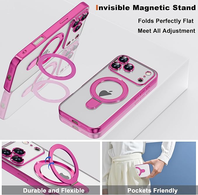 Compatible with iPhone 17 Pro Case with Invisible Magnetic Ring Stand [Compatible with Mag-Safe] [Full Camera Lens Protector] Plating Clear Phone Case for iPhone 17 Pro 6.3", Rose