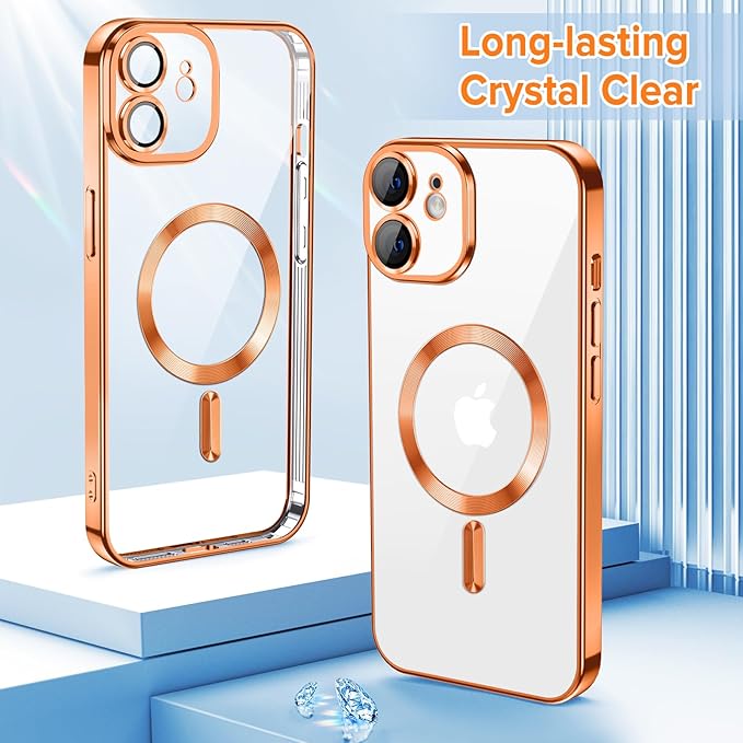 Hython Magnetic Clear for iPhone 12 Case with Camera Lens Protector [Compatible with MagSafe] Luxury Plating Edge Slim Soft TPU Cover Protective Phone Case for iPhone 12 6.1", Orange
