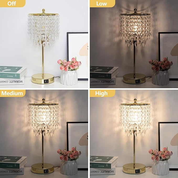 Crystal Table Lamp Set of 2, 3-Way Dimmable Nightstand Lamp with 2 USB Charging Ports, Gold Bedside Lamp for Bedroom, Touch Lamp with Elegant Shade for Living Room, B11 LED Bulb Included