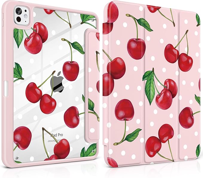 TWOLSKOO Case for iPad Pro 11-inch (M5 2025 / M4 2024), Clear Acrylic Back with TPU Bumper, Pencil Holder, Trifold Stand, Auto Sleep/Wake, Cherries