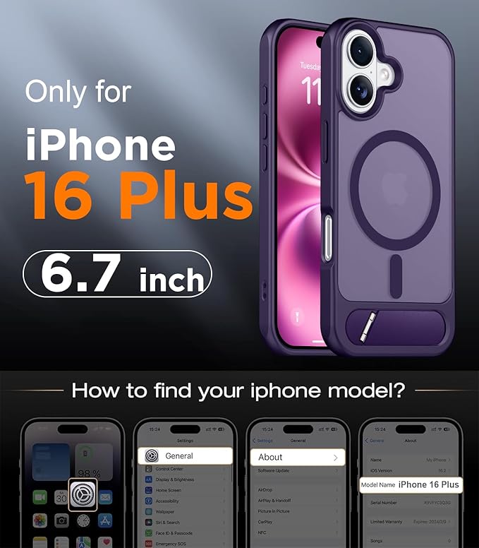Magnetic Compatible with iPhone 16 Plus Case, [Built-in Invisible Kickstand][Compatible with MagSafe][Military Grade Shockproof] Slim Translucent Matte Phone Case for iPhone 16 Plus 6.7"