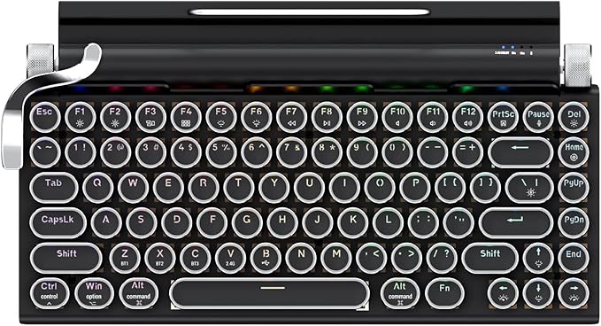 7KEYS Typewriter Keyboard Wireless Retro Style, Vintage Classical Mechanical Keyboard with Bluetooth for IPAD PC/Laptop Mac/Phone (Black+Wrist)