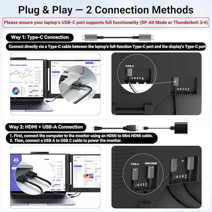 Laptop Screen Extender 14.1" 1080P IPS, Dual Screen Portable Monitor for Laptop 13-17.3", Plug & Play Monitor Extender with USB-C/HDMI, Travel Monitor for Work & Home Office Mac/Windows/Chrome/Android