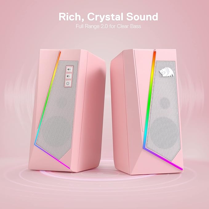 Redragon GS520 RGB Desktop Speakers, 2.0 Channel PC Computer Stereo Speaker with 6 Colorful LED Modes, Enhanced Sound and Easy-Access Volume Control, USB Powered w/ 3.5mm Cable, Pink