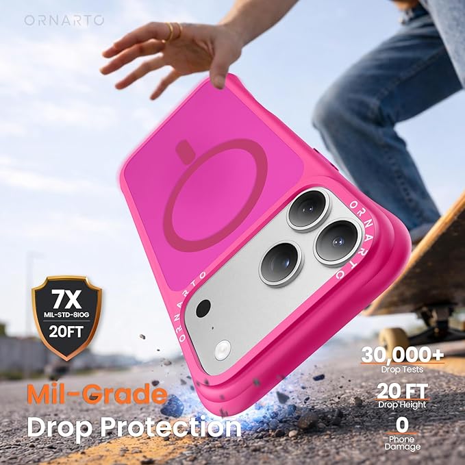 ORNARTO Magnetic for iPhone 17 Pro Max Case, 20FT Military-Grade Drop Protection, Compatible with MagSafe, Slim Shockproof Translucent Matte Phone Case for iPhone 17 Pro Max 6.9", Hot Pink