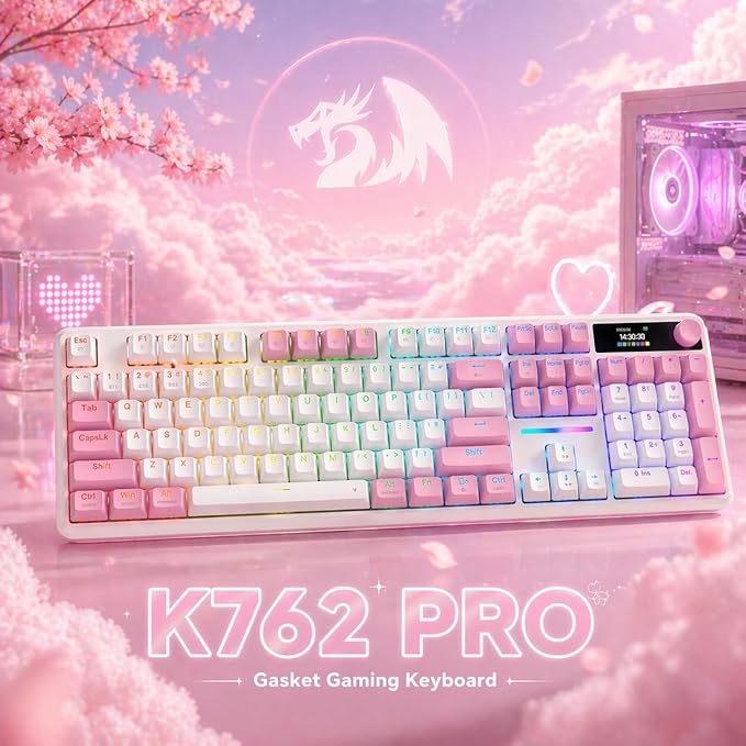 Redragon K762 Wireless Gasket Gaming Keyboard w/Hype Screen & Knob, 104 Keys Mechanical Keyboard, Easy-Control 1.14’’ TFT Info Display, 5-Layer Noise Dampening, Round PBT Keycaps, Custom Linear Switch