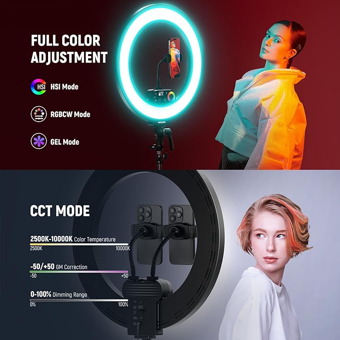 NEEWER RL45C 18" Edge Lit 45W RGB LED Ring Light with Phone Tripod Stand Remote CRI95+ 3100lux/0.5m 2500K–10000K 360° Full Colors App/2.4G Control Compatible with iPhone Selfie Makeup Video Recording