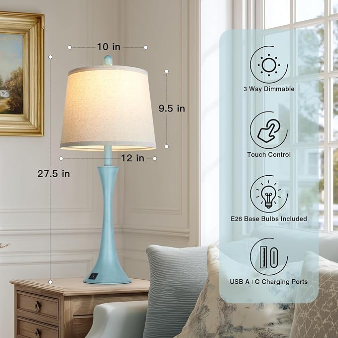 Rinweey Blue Metal Table Lamp Set of 2 with USB C+A Ports, Bedside Lamp, Modern Bedroom Lamps, Coastal Lamp for Night Stands Bedroom Living Room,Nightstand Lamp LED Bulbs Included