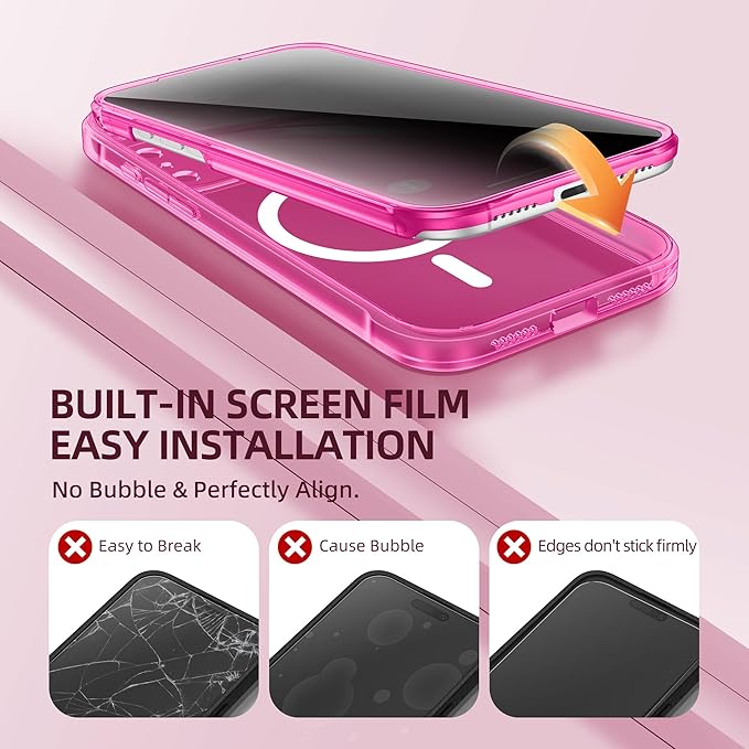 BERFY for iPhone 17 Pro Case, Compatible with MagSafe, Built-in Privacy Screen Protector, Camera Protection, Shockproof Full Body Phone Case 6.3", Clear Bright Pink
