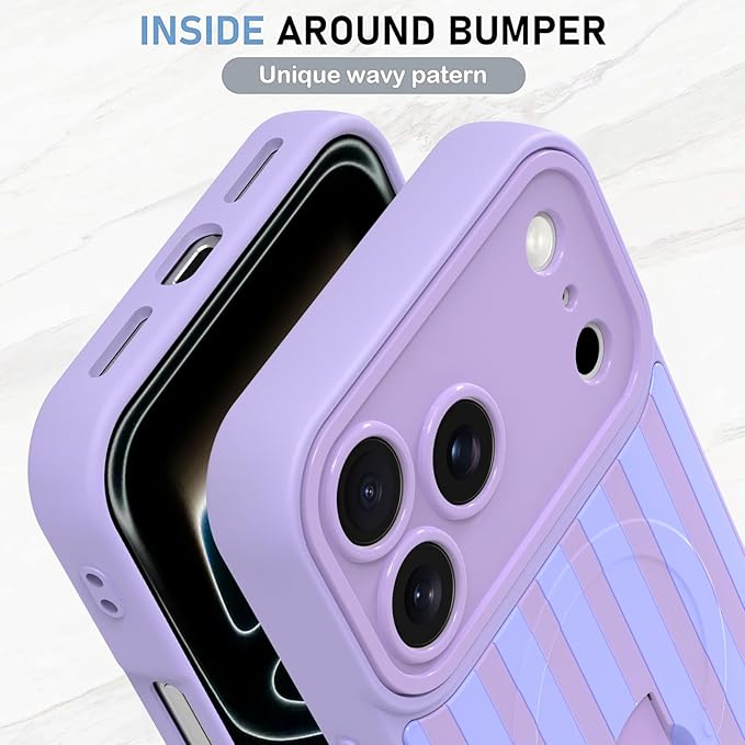 KANGHAR Compatible with iPhone 17 Pro Max Case, Support for MagSafe, Silicone Stripes Cute Pattern, Wristband Kickstand Camera Protection Soft Slim Cover for Girls Women -Purple