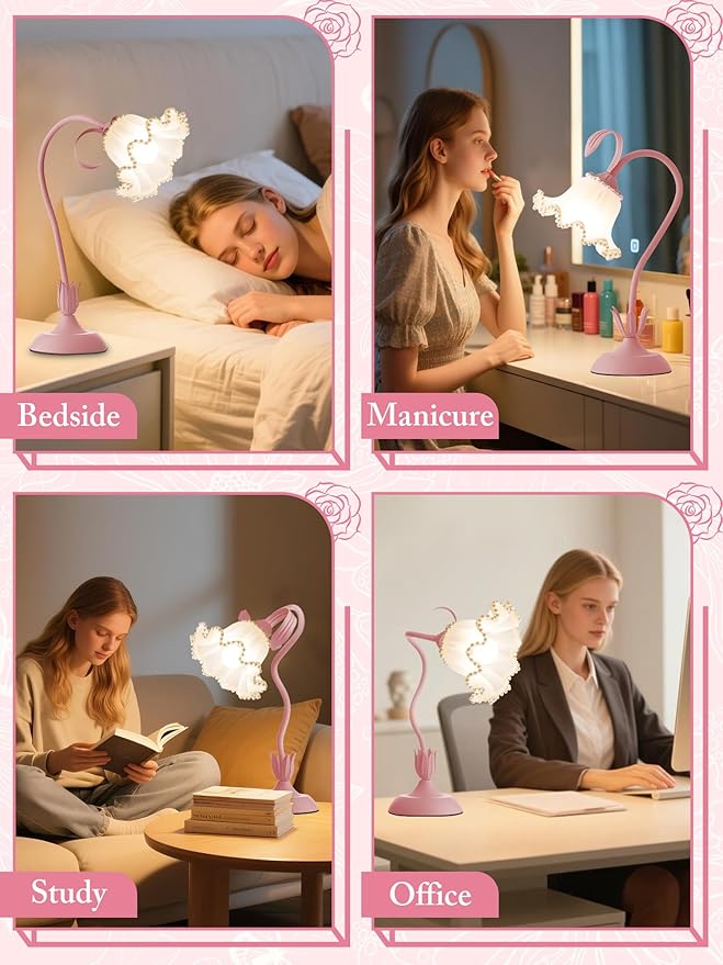 AQDZCNF Flower Table Lamp,LED Reading Light Bedside Vintage Flower Night Light,3 Colors Modes Kawaii Bedside Lamps Decor,Living Room Bedroom Room Lighting Table Lamps Home Decoration (Pink Pearls)