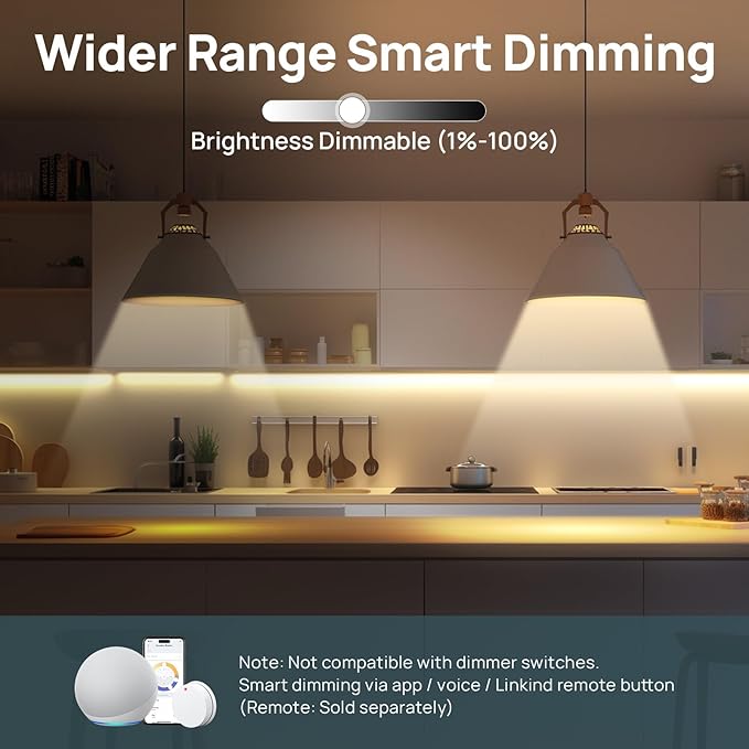 Linkind Smart Light Bulbs 6-Pack A19 E26, Tunable White 2700K-6500K (CRI>90), Compatible with Alexa & Google Home, 2.4GHz Wi-Fi & Bluetooth, 800LM 60W Equivalent